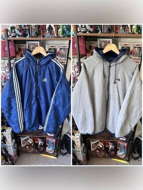 Vintage Adidas Reversible Jacket Blue Gray Hoodie Zip Up Men’s XL 90s